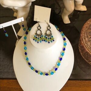 Blue and Green Glass Beaded Choker Necklace and Earring Set